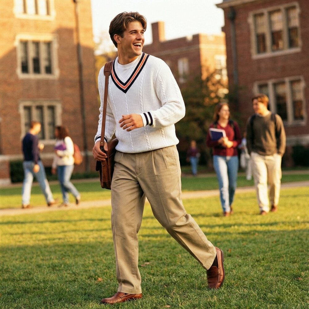Club Room Mens Large White Cable Knit Cricket Sweater Preppy Varsity V Neck - Picture 1 of 6